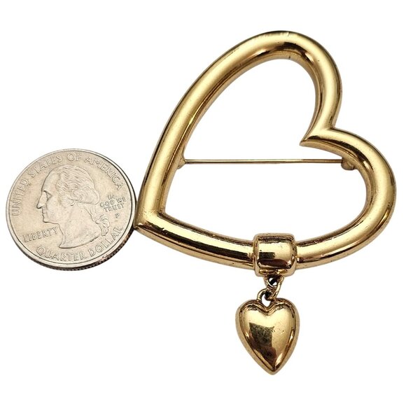 Monet Gold Tone Open Heart Brooch Glossy Charm Dangle Pin Signed, C837